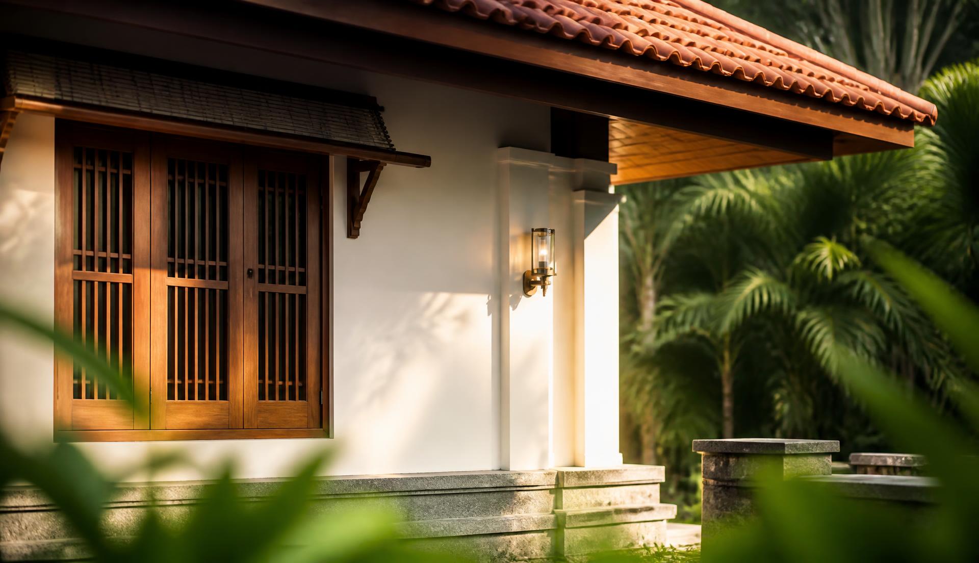 Kerala home detail — window with grille, white plastered wall and roof tiles under a deep overhang