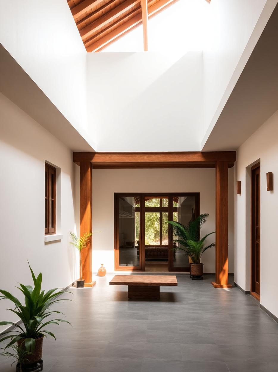 Naturally lit Kerala courtyard sit-out with white walls, teak columns, exposed roof rafters and grey stone flooring