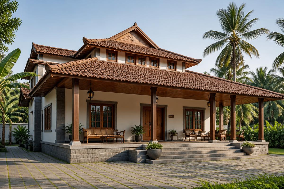 Premium Kerala veranda house with a wide shaded front sit-out, traditional sloping clay-tiled roof, white walls, grey stone base, teak columns and doors, and tropical coconut palms