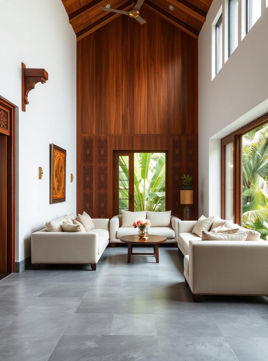 Kerala home living room with white walls, teak panelling, grey stone floor and a courtyard view of tropical greenery