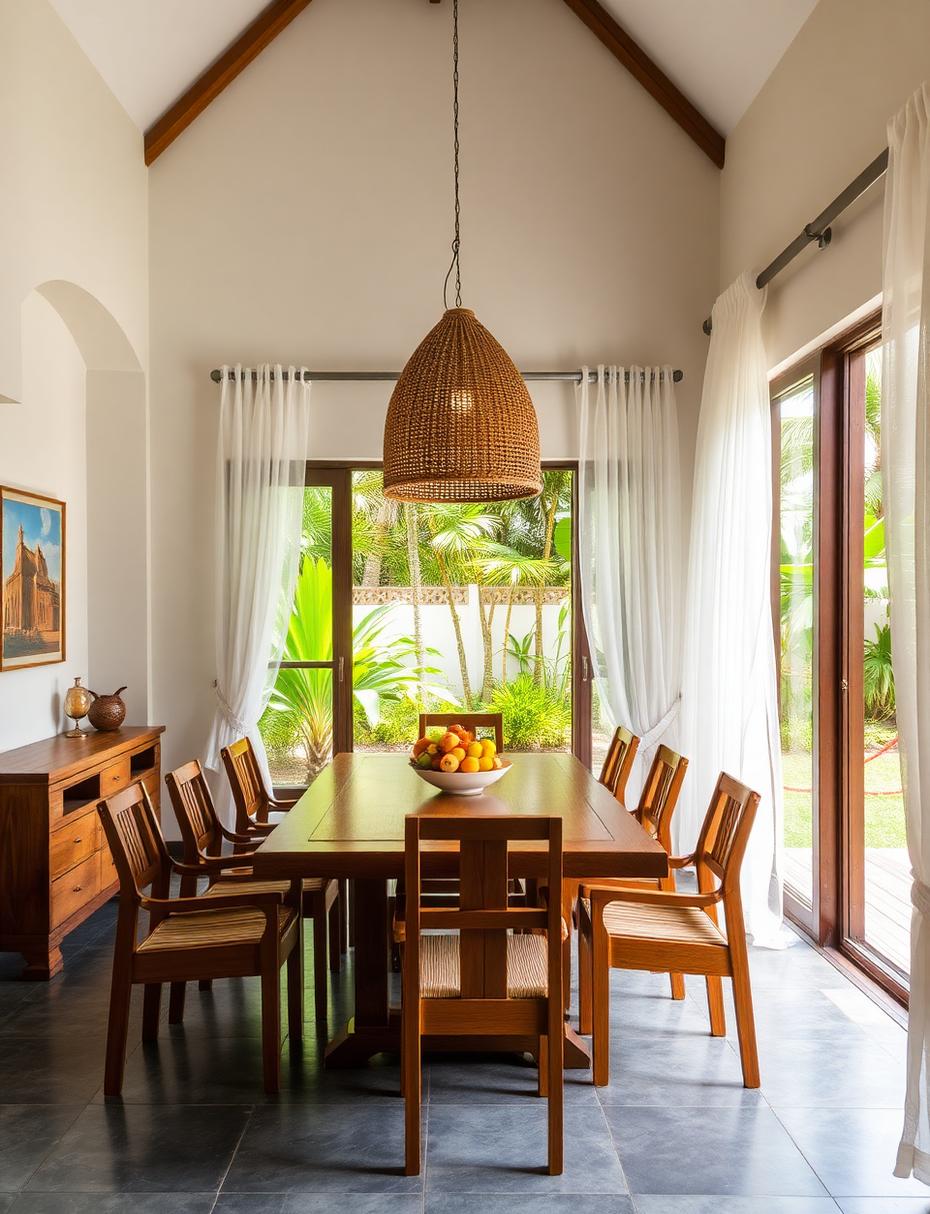 Kerala home dining room with teak dining set, white walls, sheer curtains and doors opening to a tropical garden