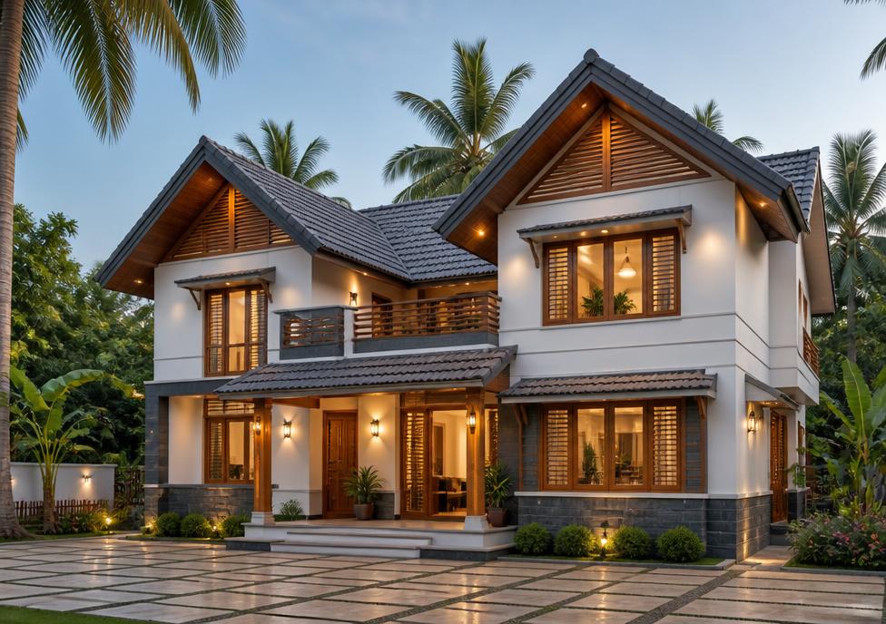 Contemporary Kerala twin gable home with two clearly visible steep sloping charcoal grey tiled gables, warm white walls, teak windows and doors, deep overhangs, pillared verandah and tropical coconut palms