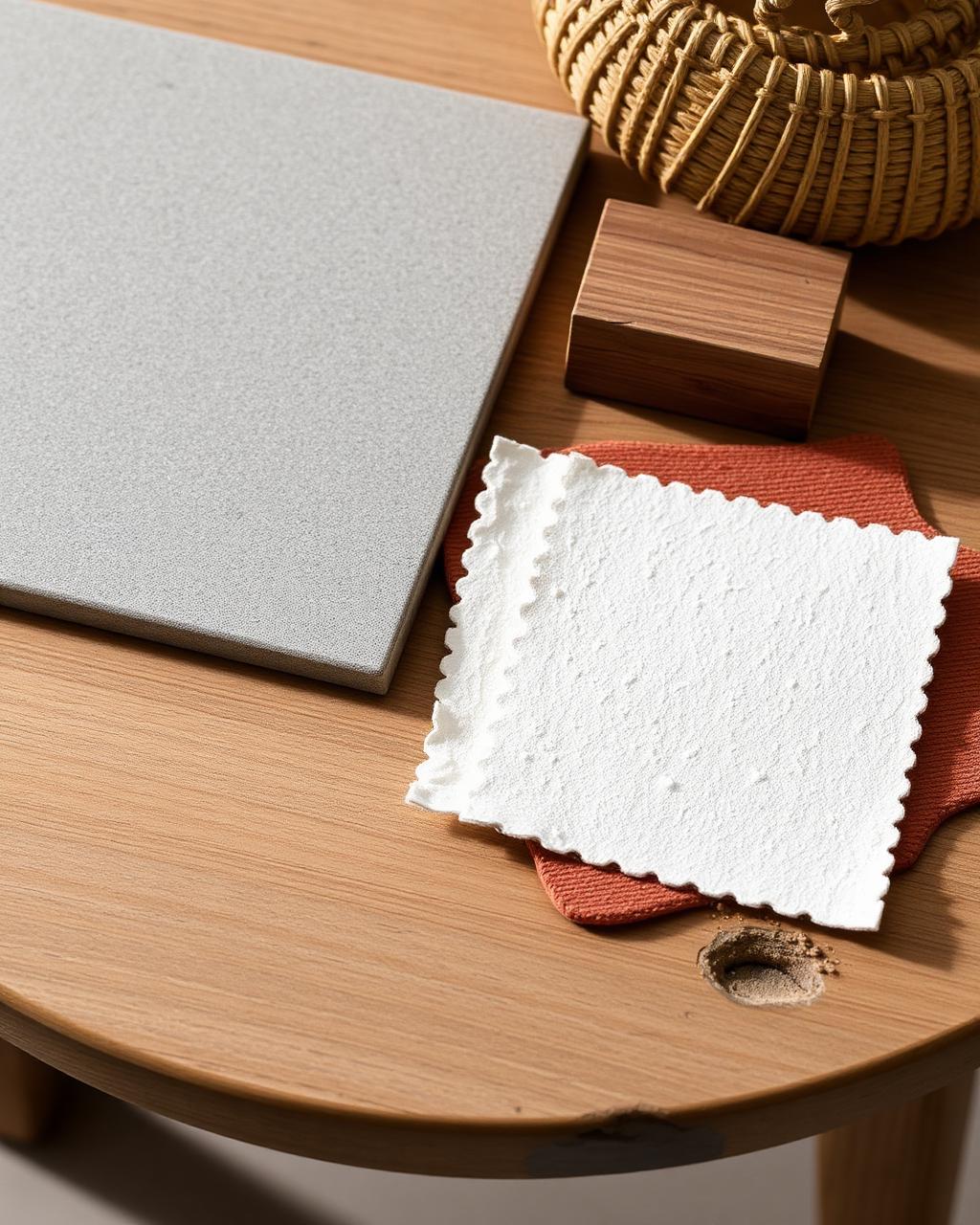 Kota stone, lime plaster, roof tile and cane material samples on a table