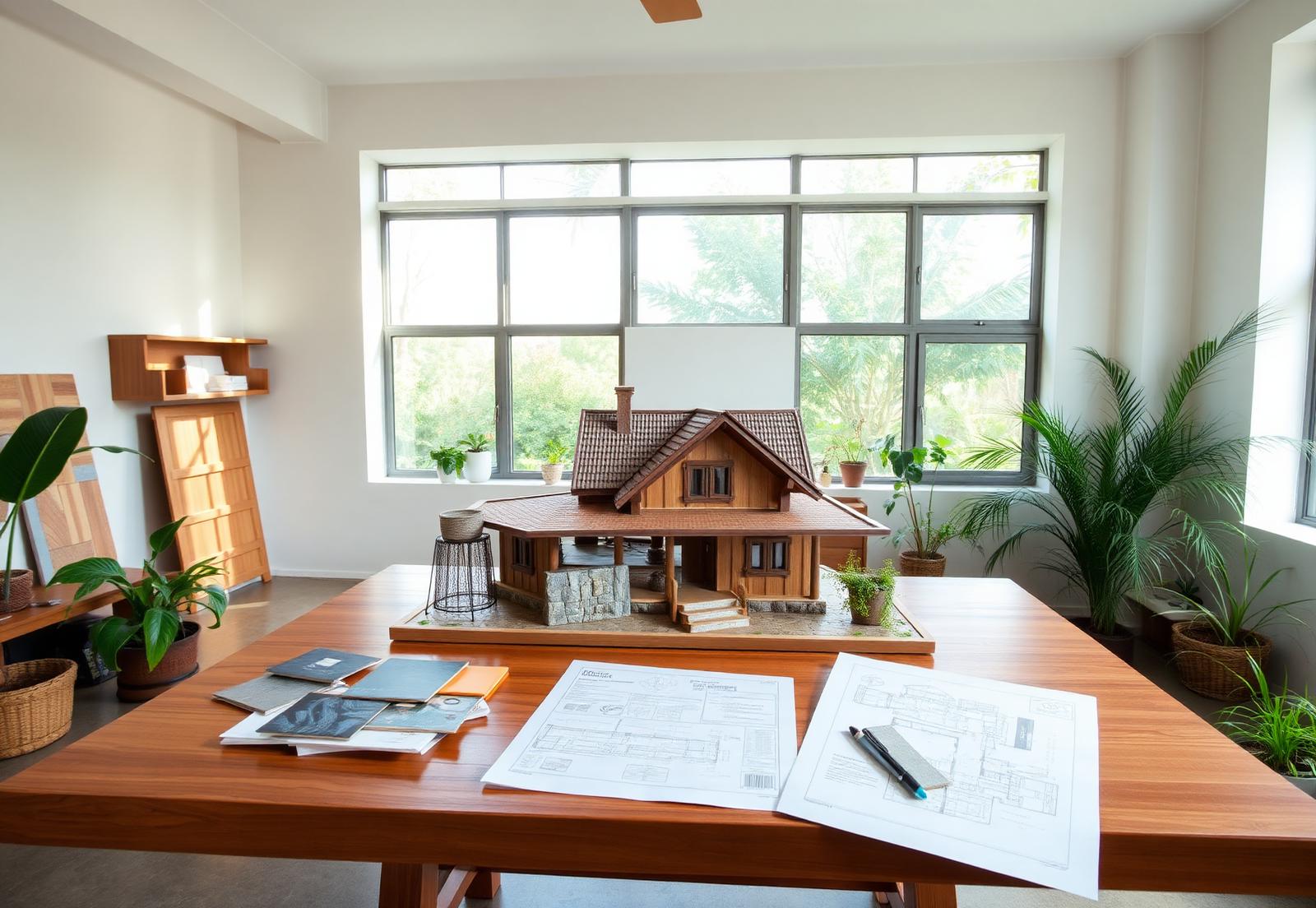 D'Casa Homes studio with a scale model of a sloping-roof Kerala home, drawings and material samples in bright daylight